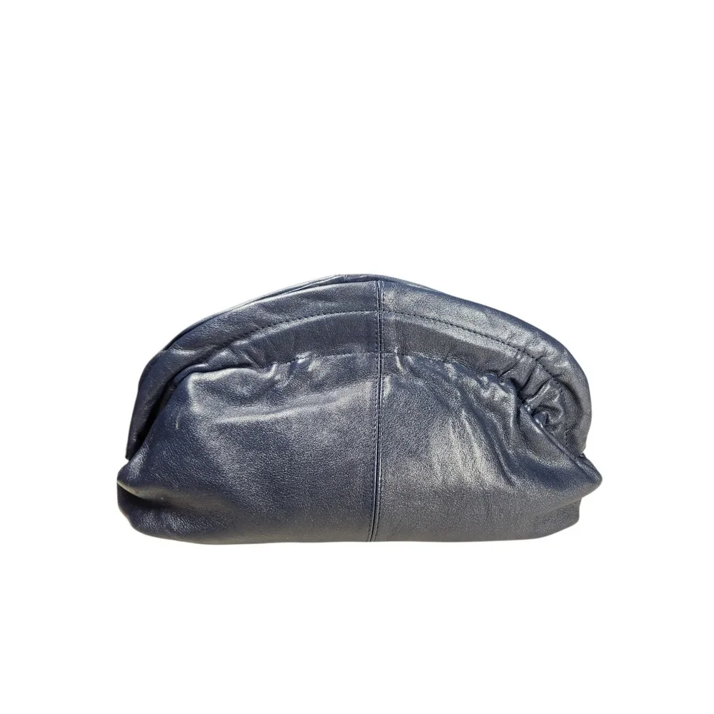 Vintage Blue Leather Cloud Pouch Slouchy Dumpling Bag Crossbody Clutch 90s Retro